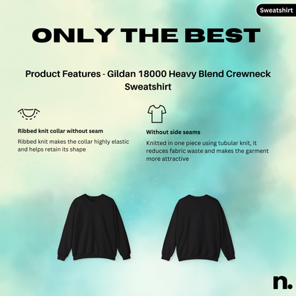 Gildan 18000 Heavy Blend Crewneck Sweatshirt with product features on a gradient background