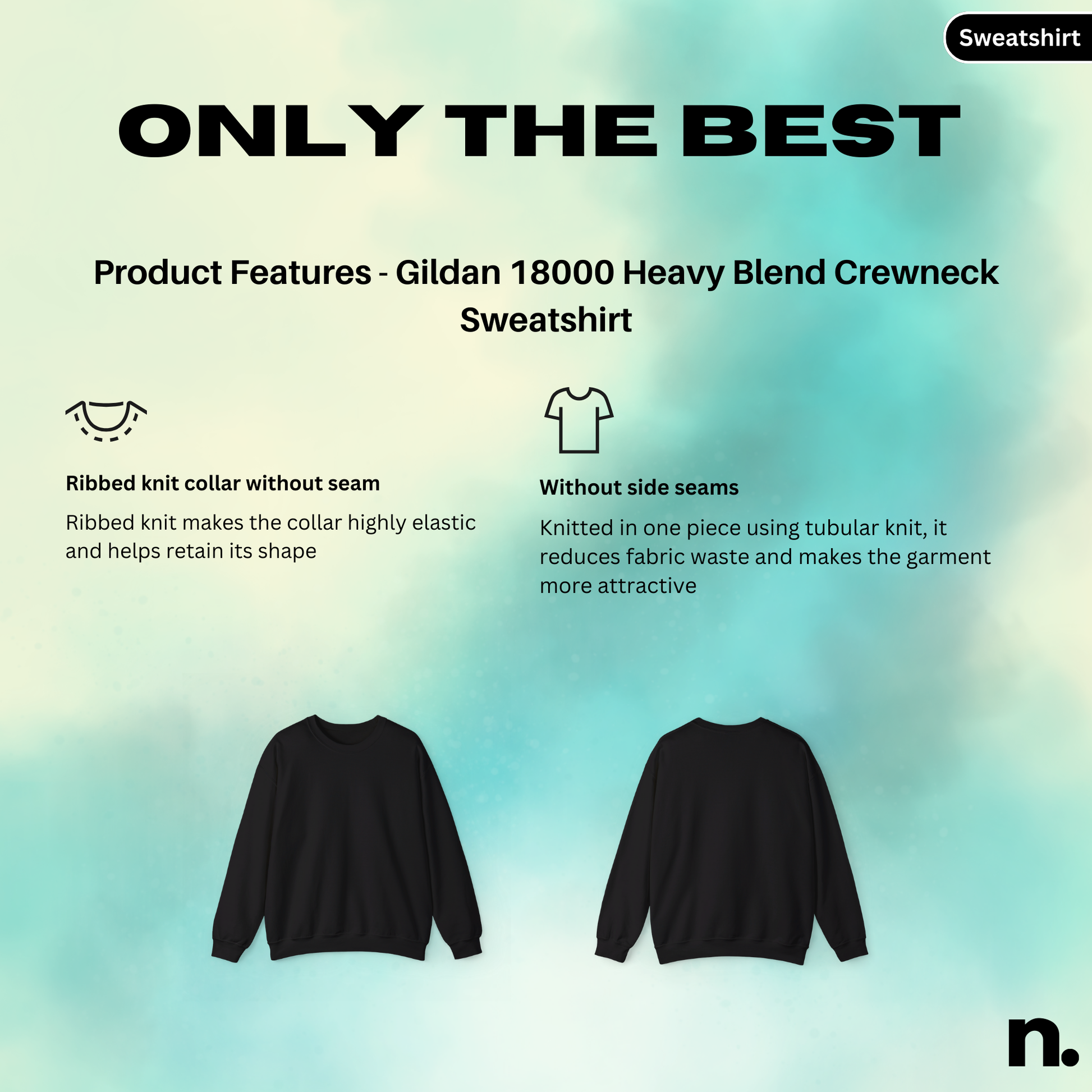 Gildan 18000 Heavy Blend Crewneck Sweatshirt with product features on a gradient background
