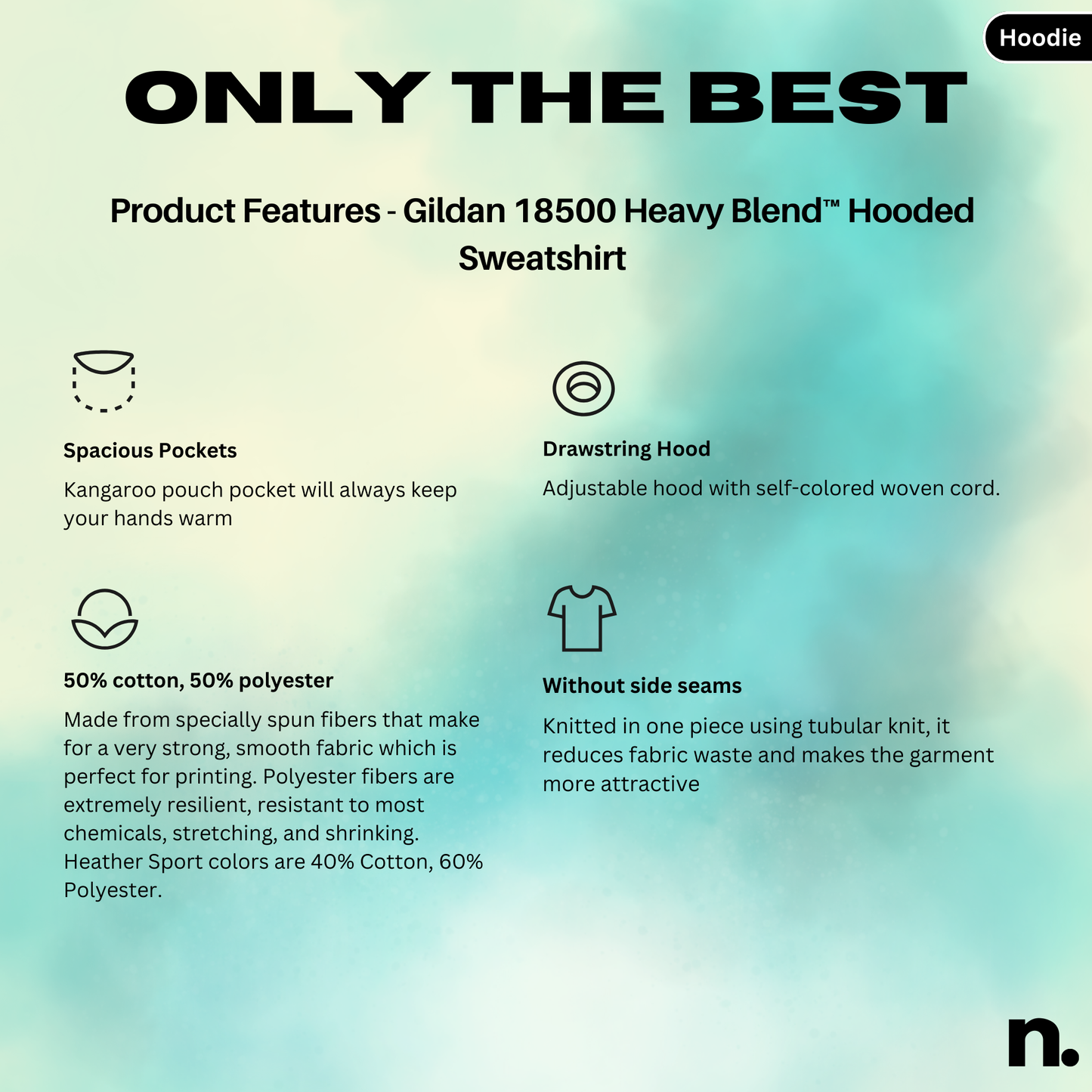 Product features of Gildan 18500 Heavy Blend Hooded Sweatshirt on a gradient background