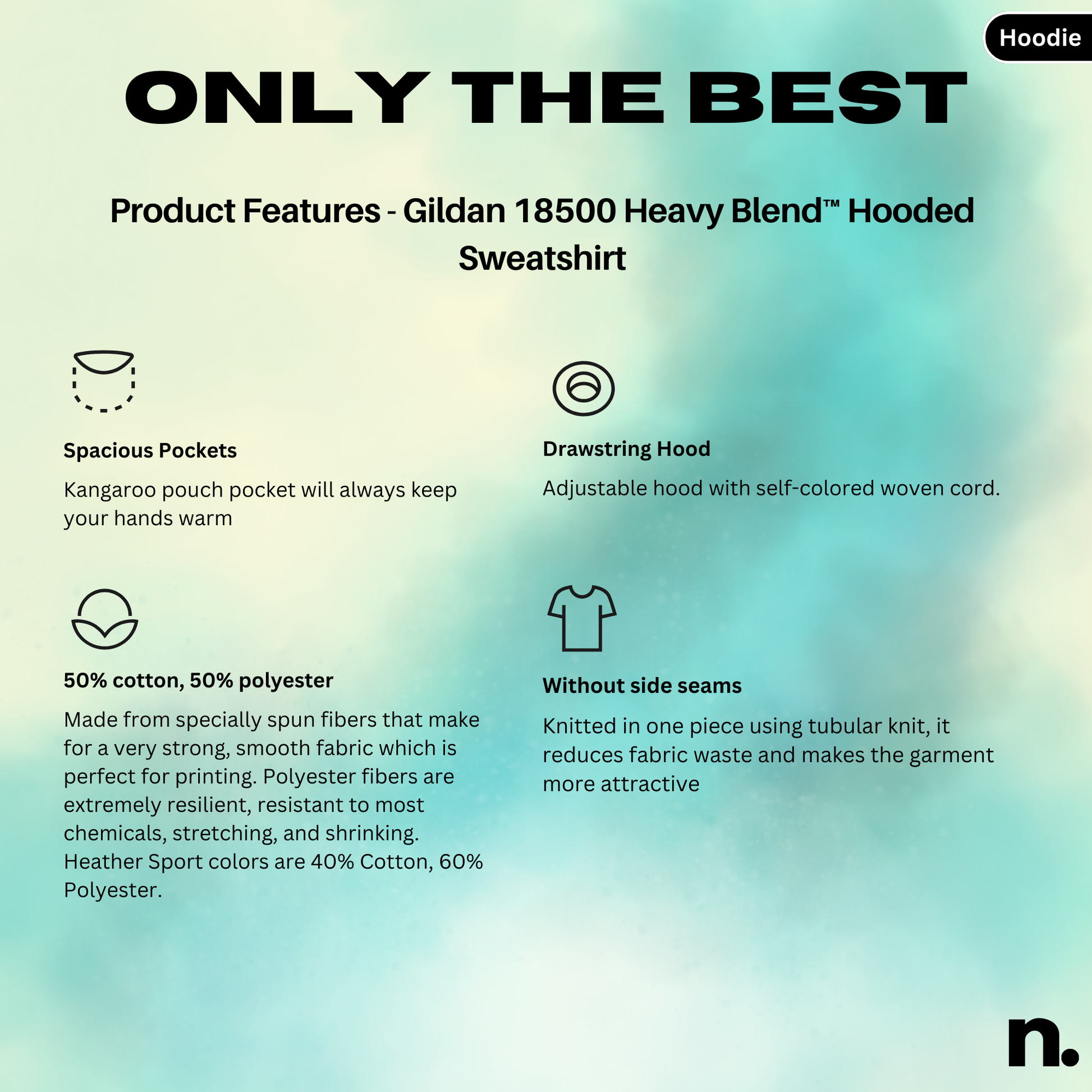 Product features of Gildan 18500 Heavy Blend Hooded Sweatshirt on a gradient background