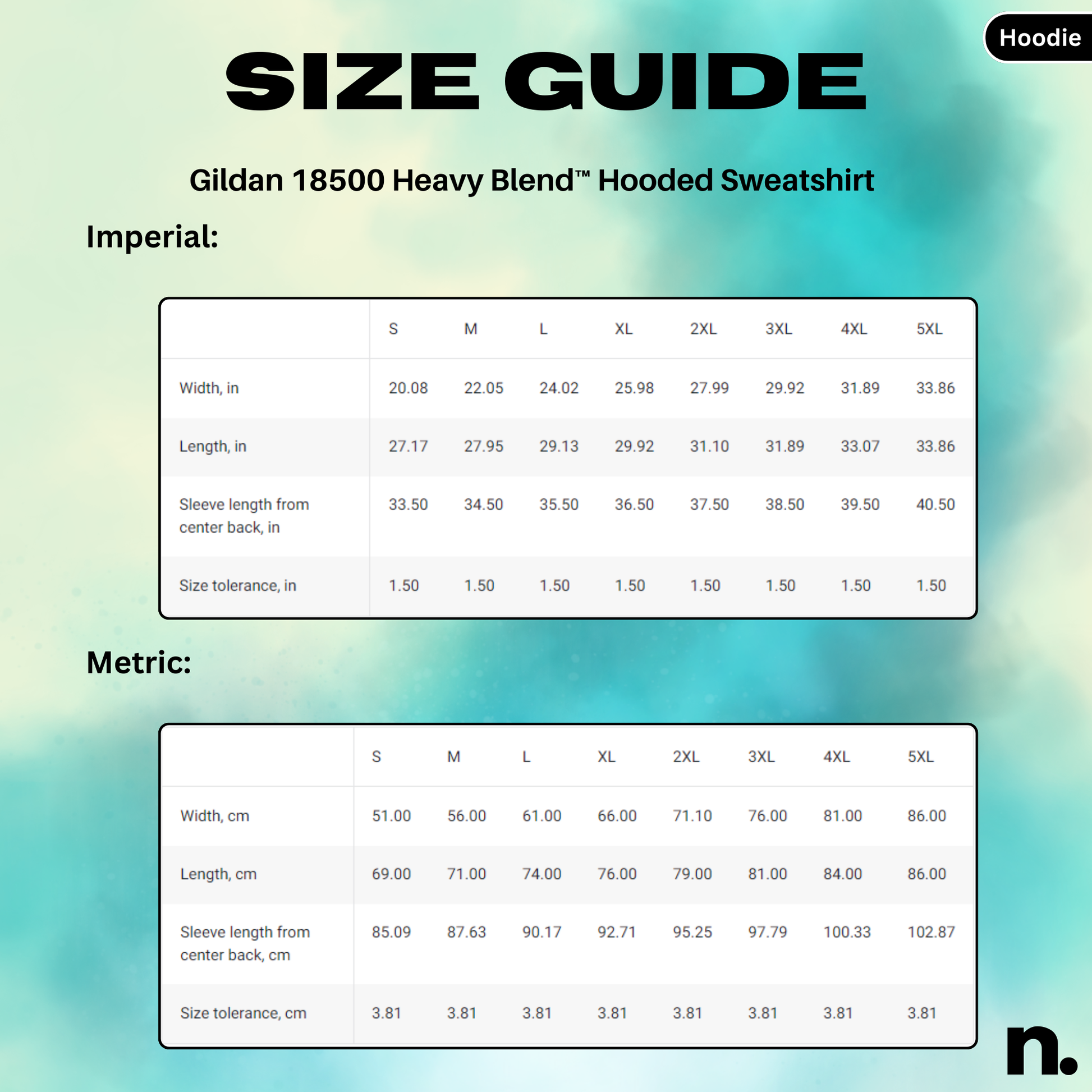 Size guide for Gildan 18500 Heavy Blend Hooded Sweatshirt with imperial and metric measurements.