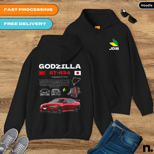 Godzilla GTR R34 V-spec II Nur Poster Style Back Print Unisex Hoodie