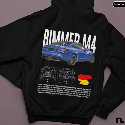 flat lay mockup of bimmer m4 hoodie in black