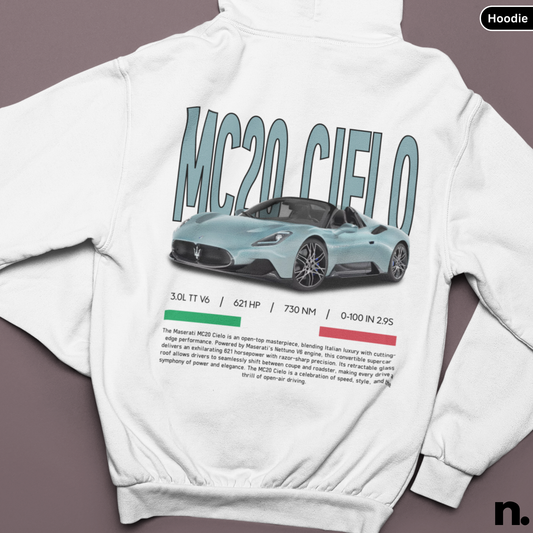 White hoodie with MC20 Cielo design on a brown background