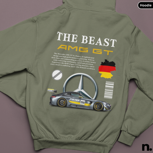 Green hoodie with AMG GT design and text on a purple background