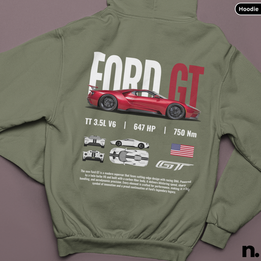 Green hoodie with Ford GT graphic on a purple background