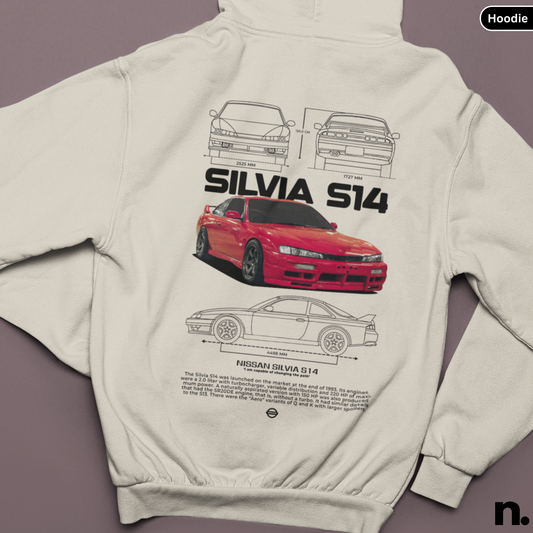 Beige hoodie with Nissan Silvia S14 design on a purple background