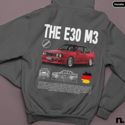 Gray hoodie with a red BMW E30 M3 design on the back, displayed against a purple background.