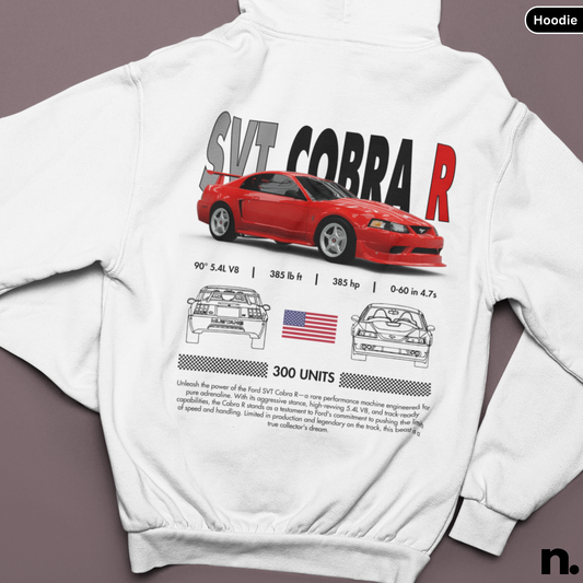 White hoodie with a red car design and text on the back, displayed against a brown background.