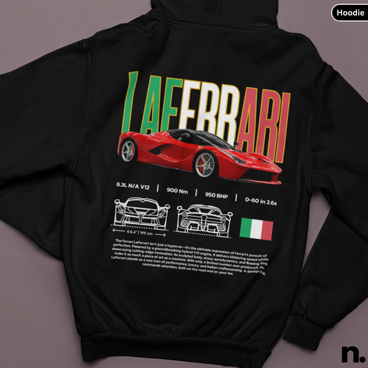 Black hoodie with Ferrari LaFerrari graphic on a gray background