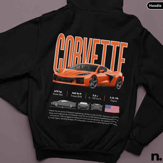 Black hoodie with orange Corvette design on a gray background