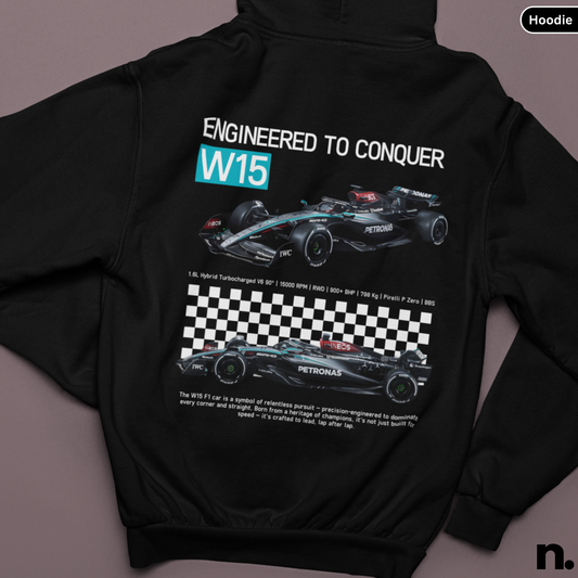 Black hoodie with Formula 1 car design and text 'Engineered to Conquer W15' on a gray background