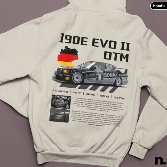 Beige hoodie with a car graphic and text on the back against a purple background