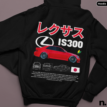 Black hoodie with Lexus IS300 design featuring a red car and Japanese text on a gray background