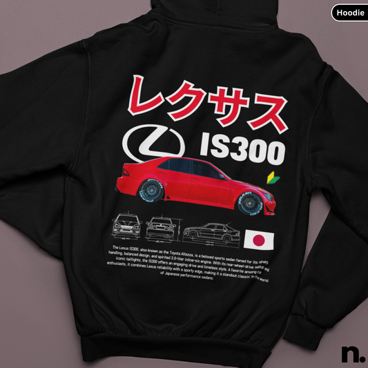 Black hoodie with Lexus IS300 design featuring a red car and Japanese text on a gray background
