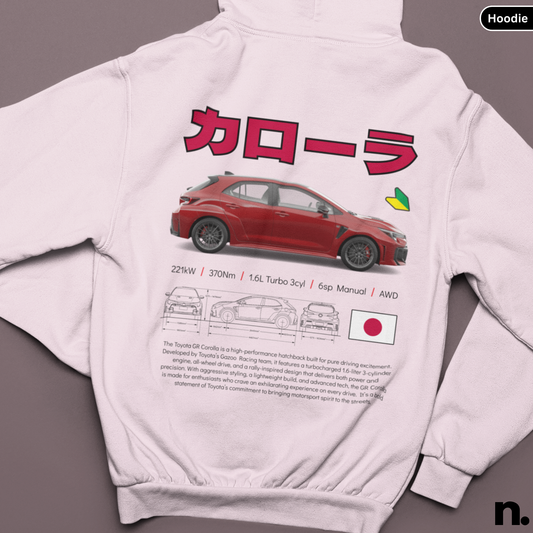 White hoodie with red car graphic and Japanese text on a gray background