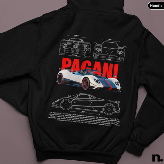 Zonda C12 poster style unisex hoodie featuring a sleek automotive design, premium print, and modern streetwear look.
