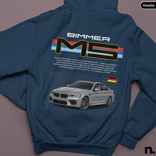 Blue hoodie with BMW M5 graphic and text on a gray background