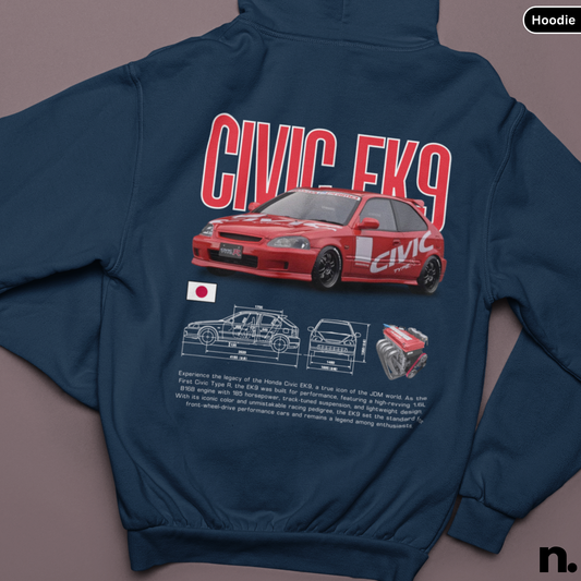 Navy blue hoodie with red car graphic and text on a gray background