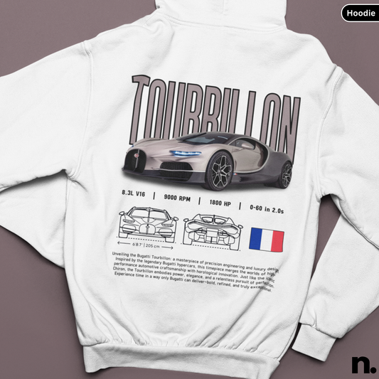 White hoodie with a car design and text on the back, displayed against a brown background.