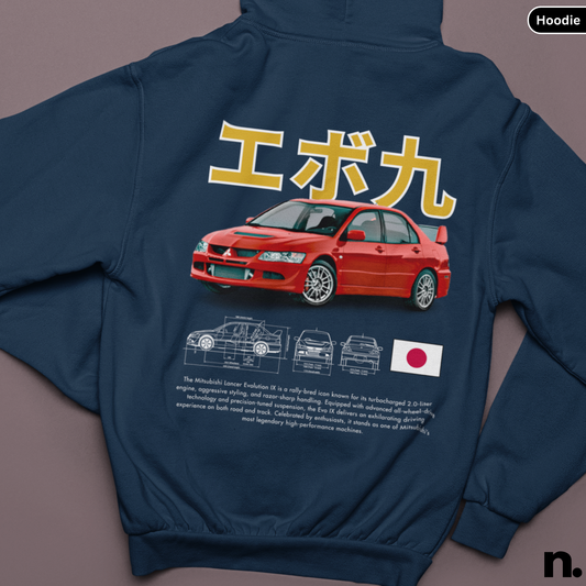 Navy blue hoodie with red car design and Japanese text on a gray background