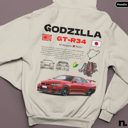 Godzilla GTR R34 V-spec II Nur Poster Style Back Print Unisex Hoodie