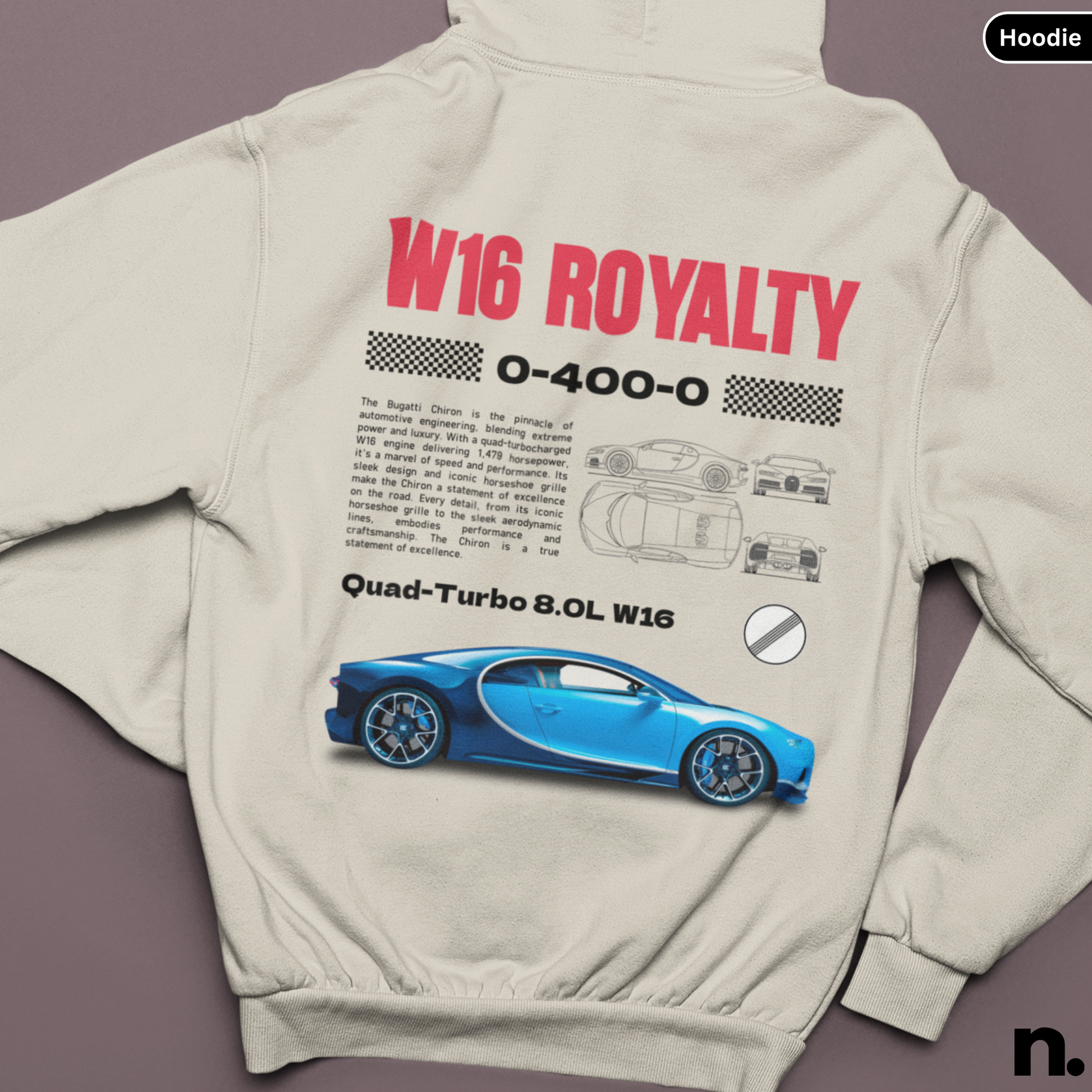 Beige hoodie with blue car graphic and text on a purple background