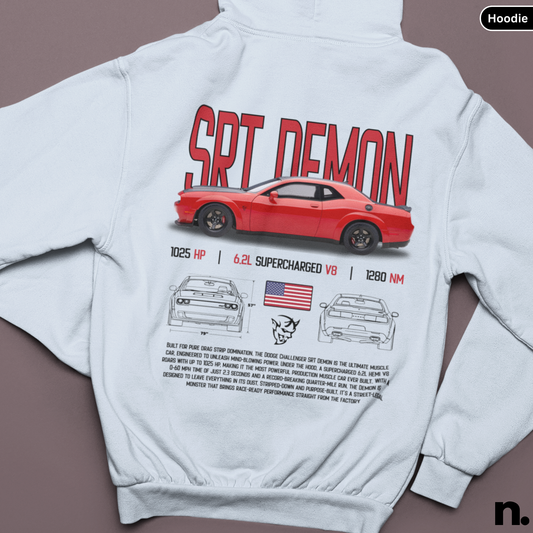 White hoodie with red 'SRT Demon' car design on the back, displayed against a brown background.