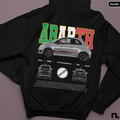 Black hoodie with Abarth branding and car graphics on a gray background