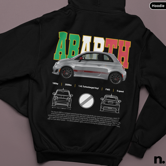 Black hoodie with Abarth branding and car graphics on a gray background