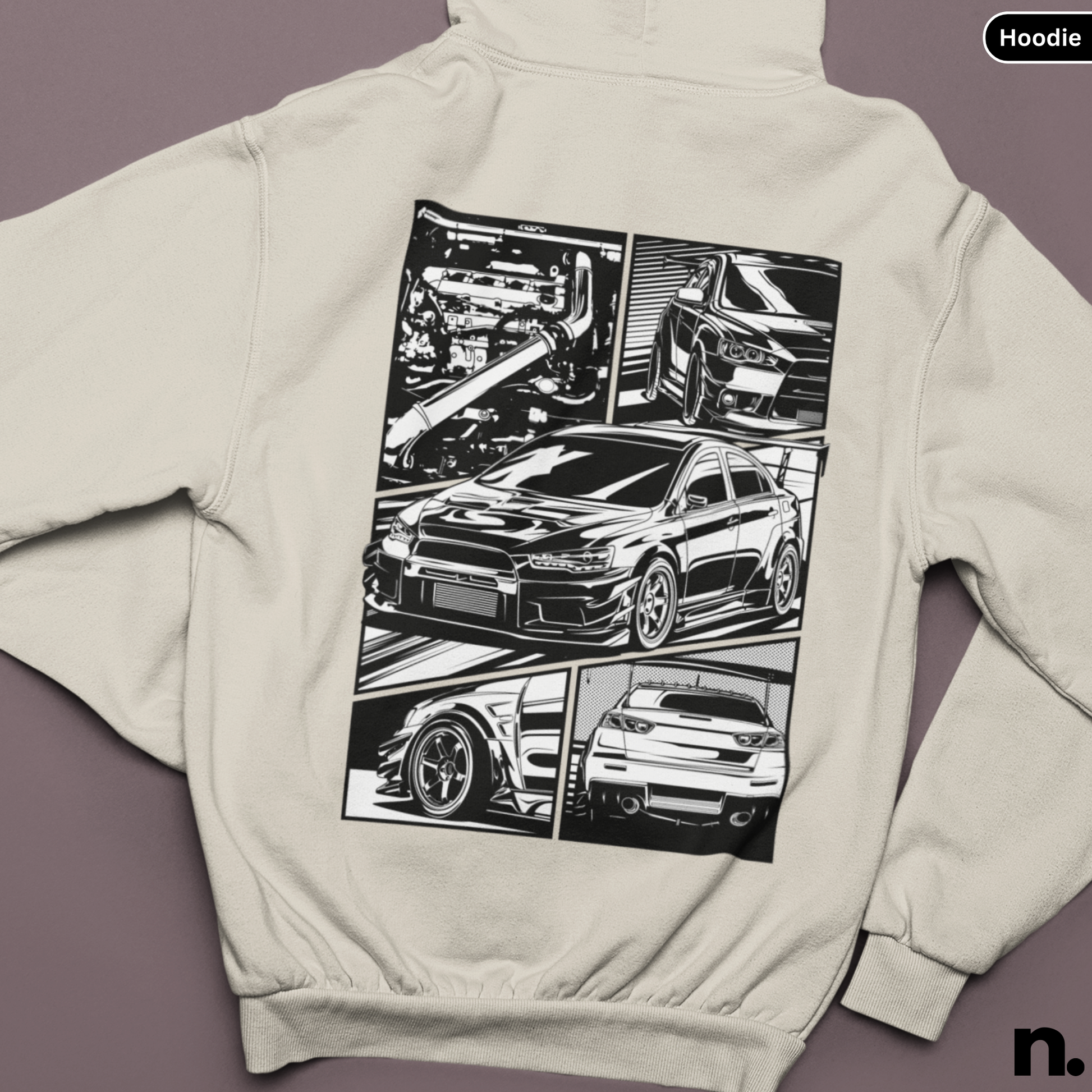 Beige hoodie with black car graphic on a purple background