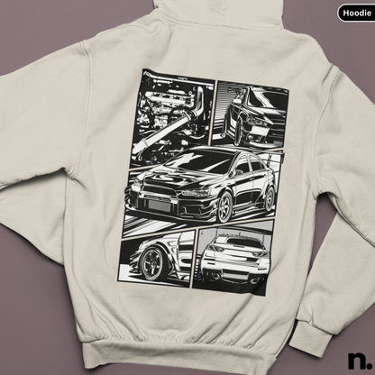 Beige hoodie with black car graphic on a purple background