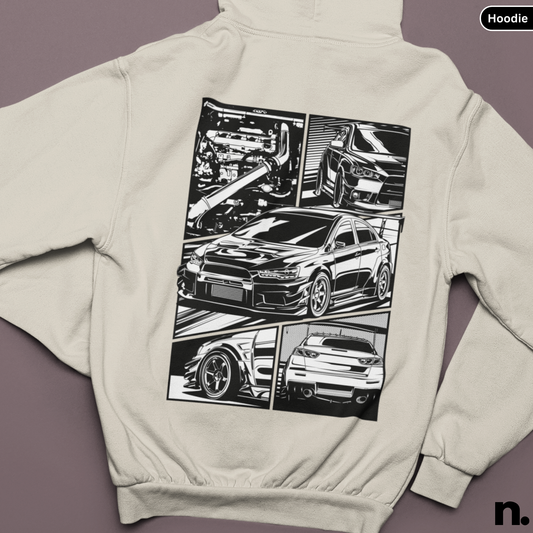 Beige hoodie with black car graphic on a purple background