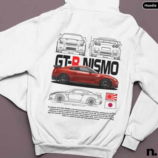White hoodie with GT-R Nismo graphic design on a brown background