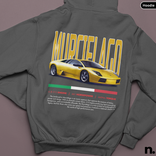 Gray hoodie with a yellow Lamborghini Murcielago graphic on a purple background