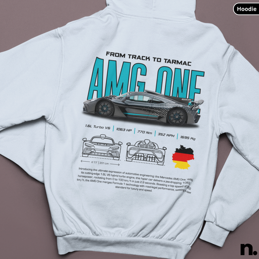 White hoodie with AMG One car design on the back against a brown background
