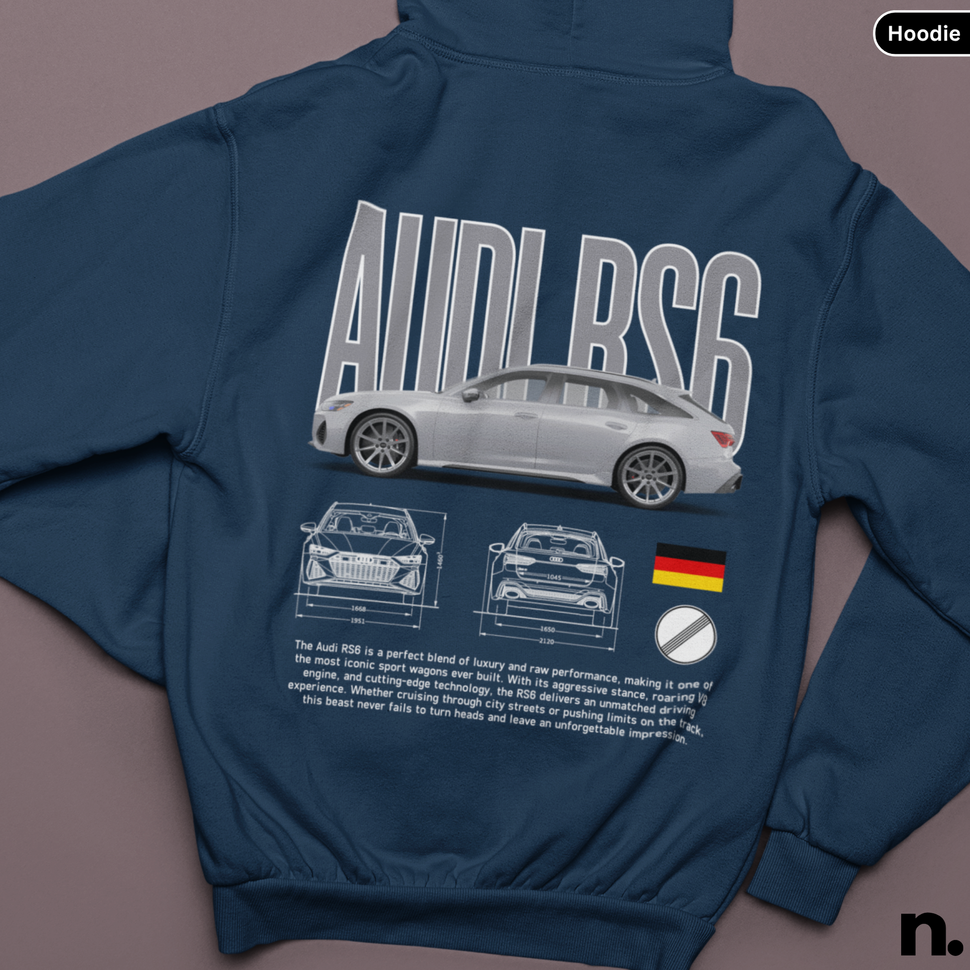 Navy blue hoodie with Audi RS6 design on a gray background