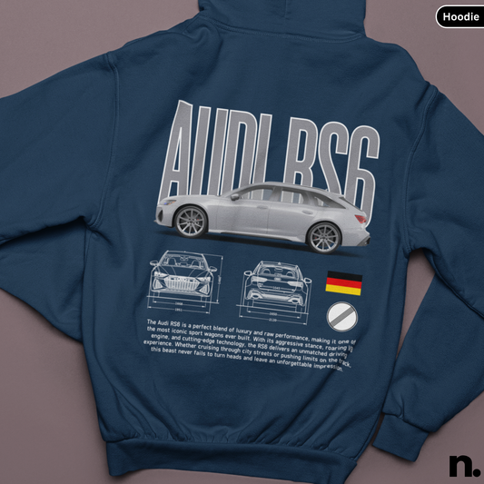 Navy blue hoodie with Audi RS6 design on a gray background