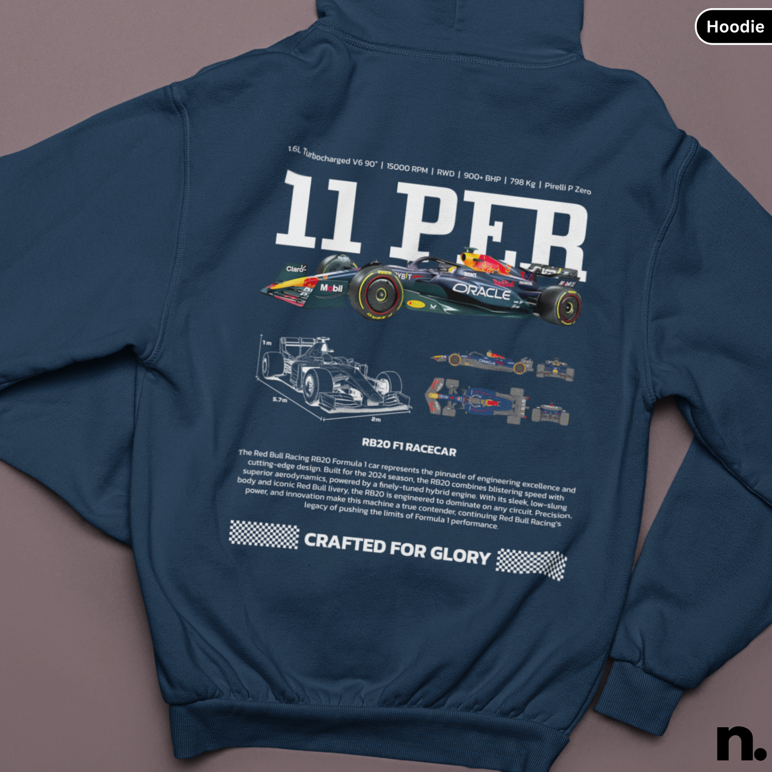 Navy blue hoodie with Formula 1 car design and text on a gray background