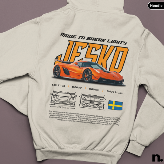 Sand hoodie with a car graphic and text on the back against a purple background