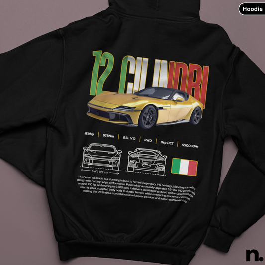 12 Cilindri poster style engine graphic printed on unisex hoodie

