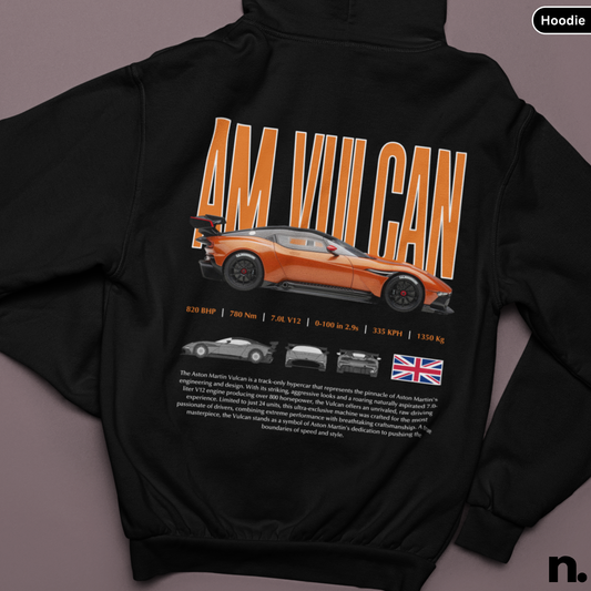 Black hoodie with orange 'AM Vulcan' car design and text on a gray background