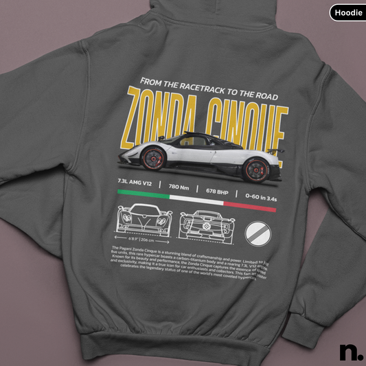 Gray hoodie with Zonda Cinque car graphic on a purple background