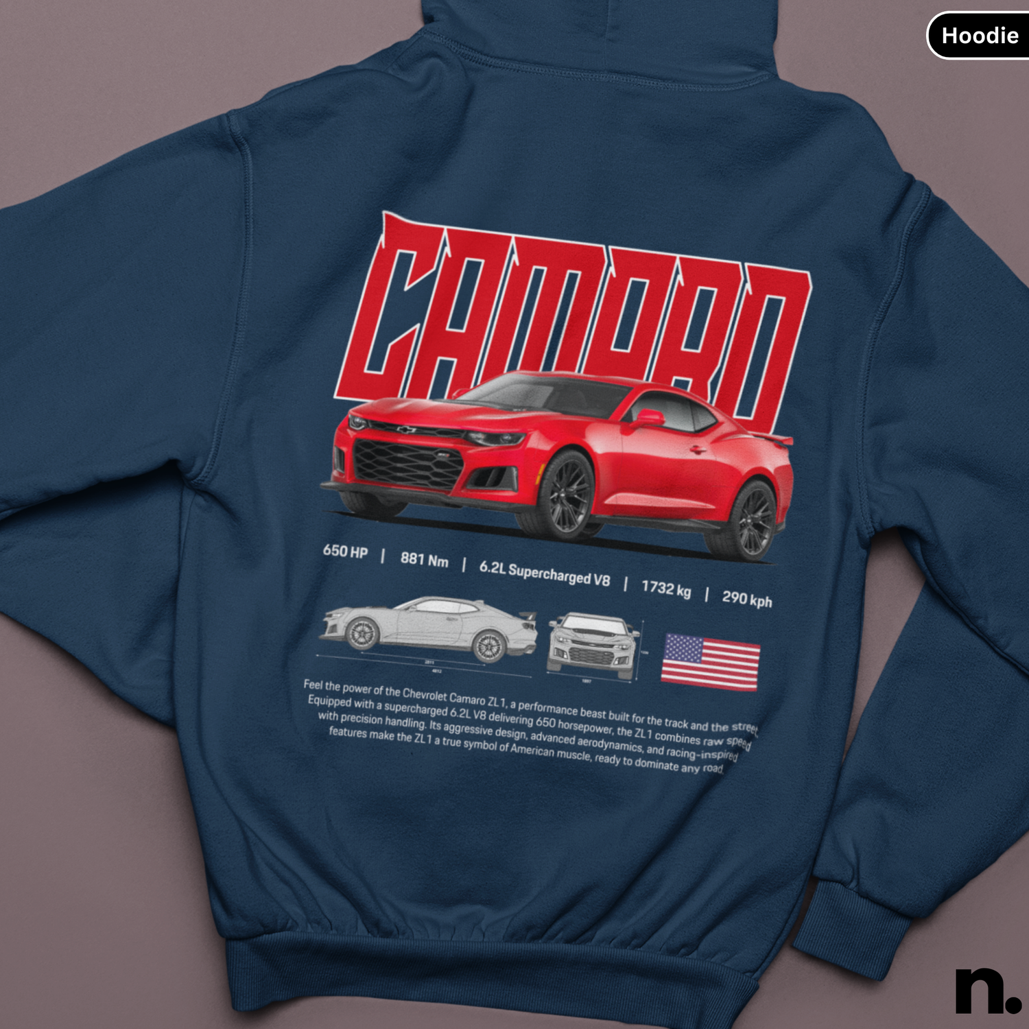 Blue hoodie with red Camaro graphic and specifications on a gray background