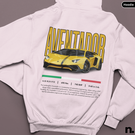 White hoodie with a yellow Lamborghini Aventador graphic and technical specifications on the back.