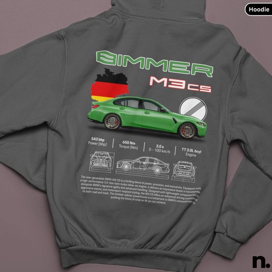 Gray hoodie with a green car design and text on the back, displayed against a purple background.