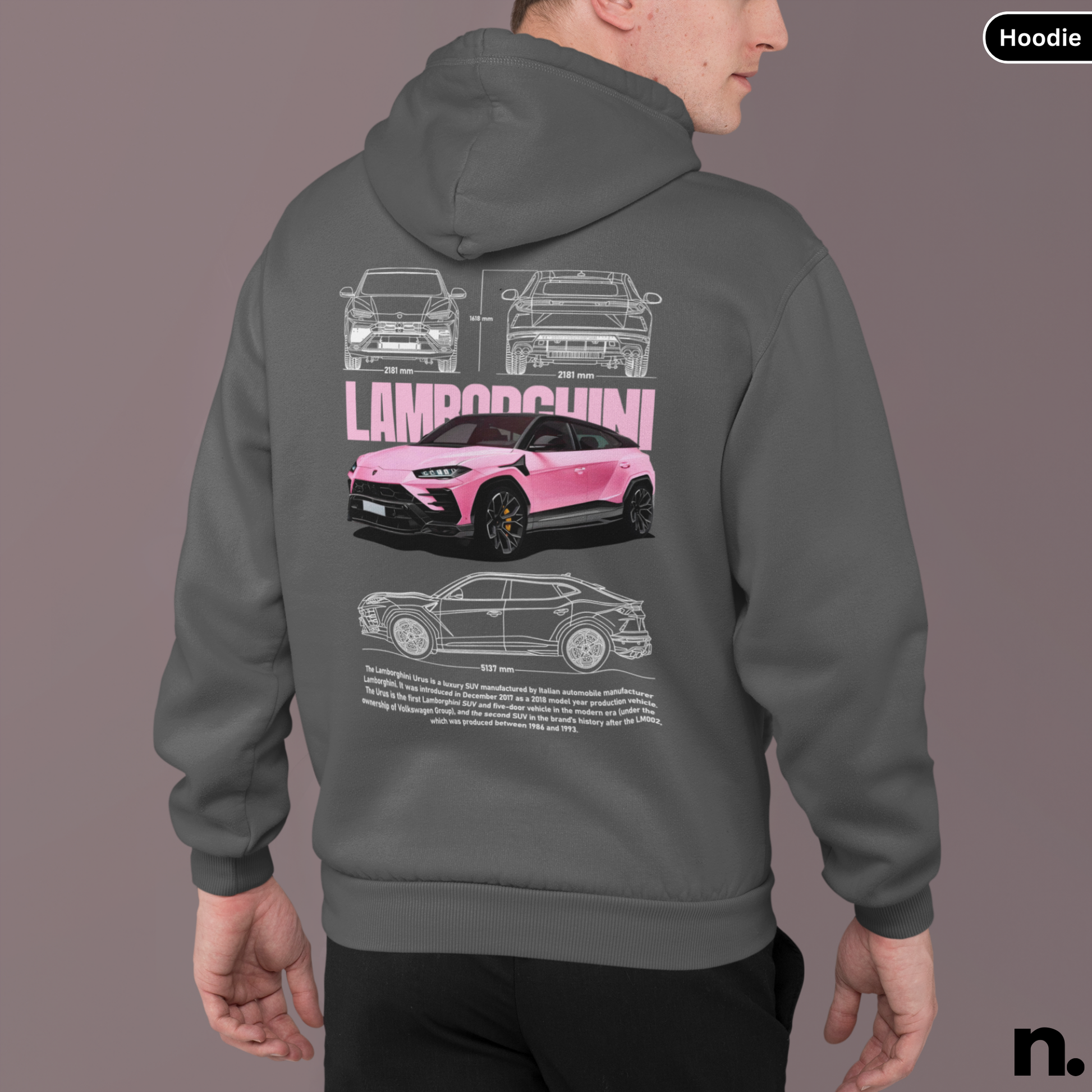 Person wearing a hoodie with a Lamborghini design on the back against a gray background