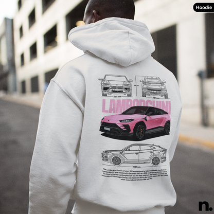 Person wearing a hoodie with Lamborghini car designs on the back, standing outdoors.