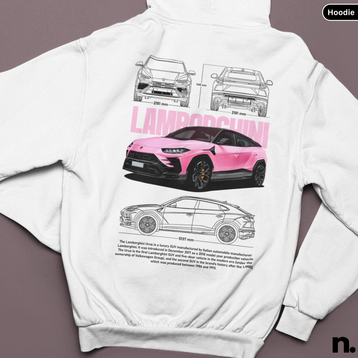 White hoodie with pink Lamborghini Urus design on a brown background