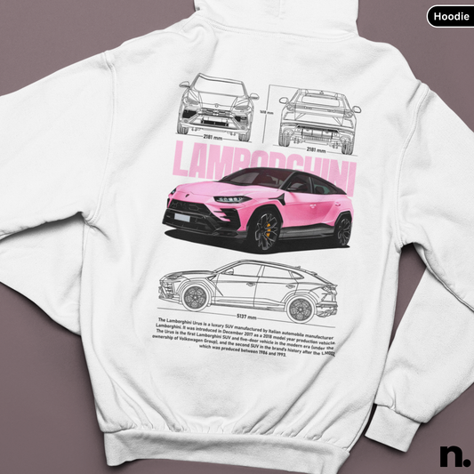 White hoodie with pink Lamborghini Urus design on a brown background